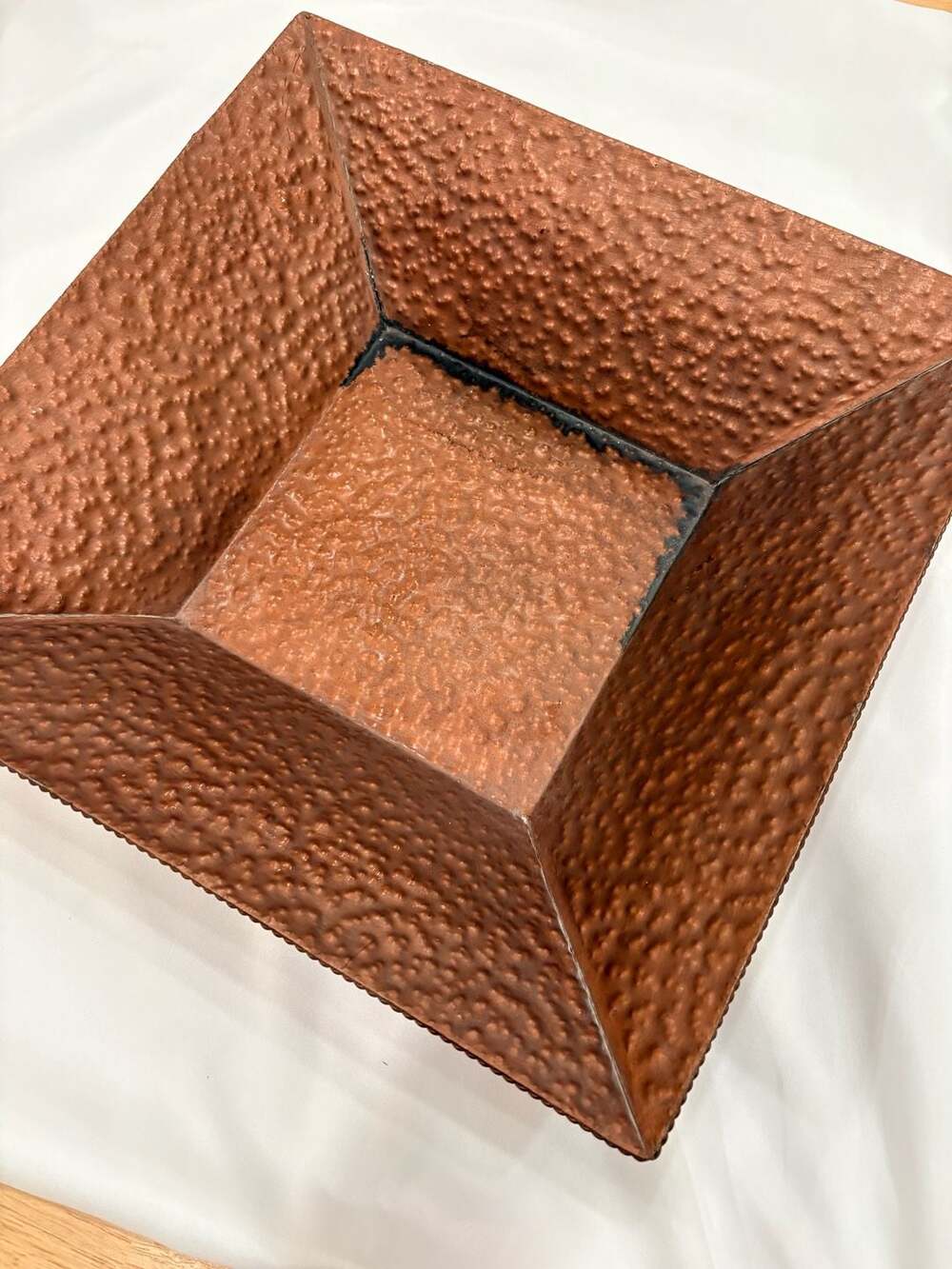 Vintage Rustic Hammered Copper Cachepot Jardiniere Square Handcrafted 14”
